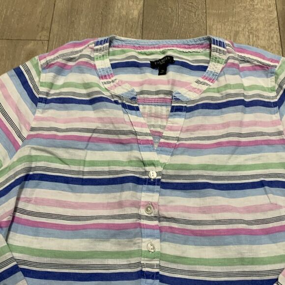Womens Talbots‎ 100% Linen Half Button V-Neck Striped Roll Up Sleeve Top Shirt - Picture 4 of 6